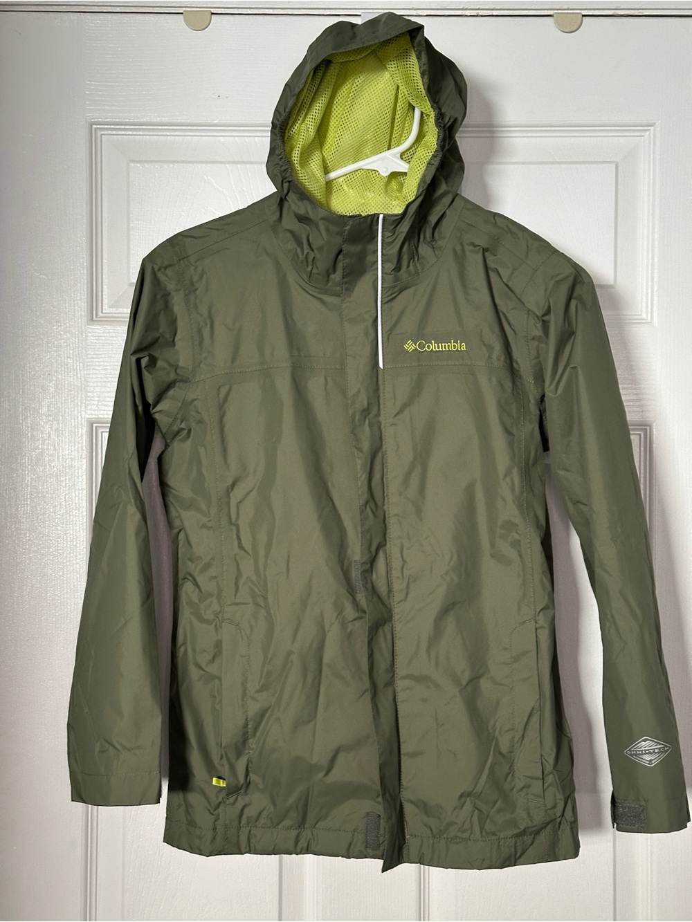 Columbia Olive Shell Jacket with Lime Lining Rain Jacket. Kids size Medium